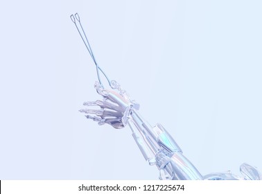 Surgeon Robot Hand Holding Surgery Tool. Future Robotic Surgery Concept. Clipping Path Included. Robotic Technology 3D Illustration