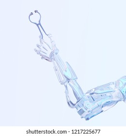 Surgeon Robot Hand Holding Surgery Tool. Future Robotic Surgery Concept. Clipping Path Included. Robotic Technology 3D Illustration