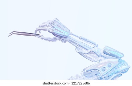 Surgeon Robot Hand Holding Surgery Forceps. Future Robotic Surgery Concept. Clipping Path Included. Health Robotic Technology 3D Illustration