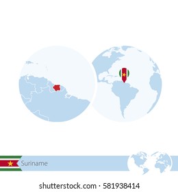 Suriname on world globe with flag and regional map of Suriname. Raster copy.