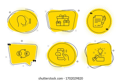 Surprise boxes, Signing document and Creative idea signs. Chat bubbles. Call center, Face id and Currency exchange line icons set. Phone support, Identification system, Banking finance.