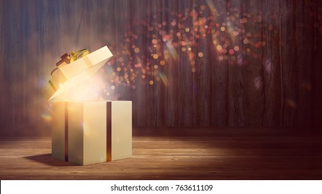 Surprise Christmas Gift With Open Lid Glowing With Magic Beam (3D Rendering)