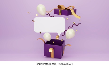 Surprise Gift Box Poster With Balloons, Confetti And Blank Space For Text Advertisement In Purple Background, Anniversary, Mega Sale, Celebrate Banner, 3d Rendering, 3d Illustration