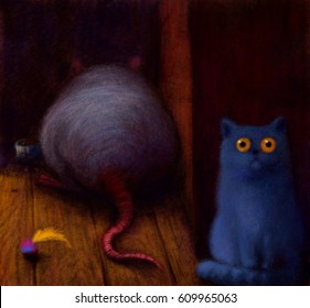 Surprise An Unexpected Guest. Huge Rats Eating Out Of The Cat Bowls Away From The Cat. Rat And Cat Comical Illustration Of Funny Animals