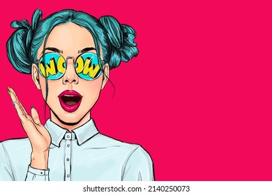 Surprised amased young attractive happy Pop Art woman in glasses . Advertising poster or party invitation with sexy  girl  in comic style.