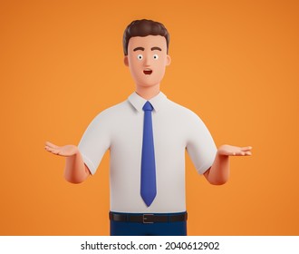 Surprised Cartoon Businessman Character In White Shirt Over Orange Background. 3d Render Illustration.