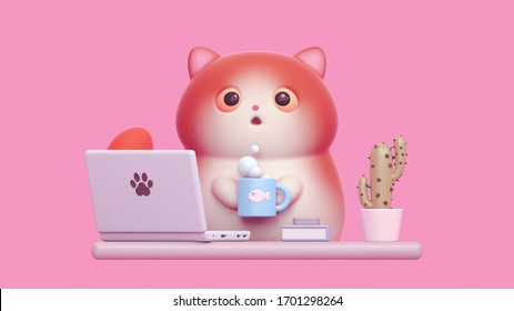 Surprised little kawaii red cat with open mouth, big orange eyes working from home with laptop. Cartoon funny fat cat with white belly, striped tail holding warm cup of tea. 3d render on pink backdrop