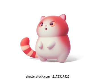Surprised Little Kawaii Red Cat With Open Mouth And Big Orange Eyes Stands On Its Hind Legs. Cartoon Fluffy Funny Cute Fat Cat With White Belly And A Striped Tail. 3d Render Isolated On White Backdrop