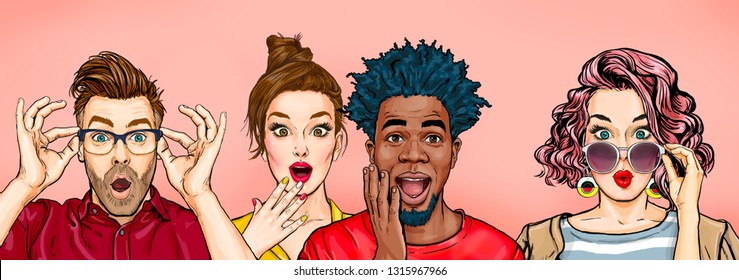 Surprised people on colored backgrounds.Amazed  happy men and women. Human emotions, facial expression concept. Sale.Wow people