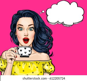 Surprised Pop Art woman with coffee cup. Advertising poster or party invitation with sexy girl with wow face in comic style.