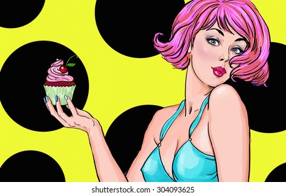 Surprised Pop Art woman with cupcake. Advertising poster or party invitation with sexy club girl  in comic style.  Vintage happy birthday greeting card with female model.