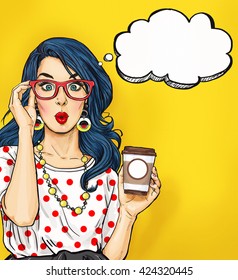 Surprised Pop Art Woman In Hipster Glasses With Coffee Cup. Advertising Poster Or Party Invitation With Sexy Girl With Wow Face In Comic Style.