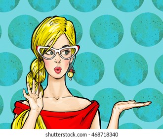 Surprised pop art woman hipster glasses stock illustration 468718340