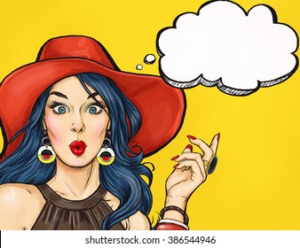 Surprised Pop Art woman in red hat with thought bubble. Advertising poster or party invitation with sexy girl with wow face in comic style.