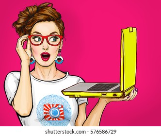 Surprised woman in glasses with laptop in the hand in comic style. Advertising poster of sexy  girl  looking toward at notebook