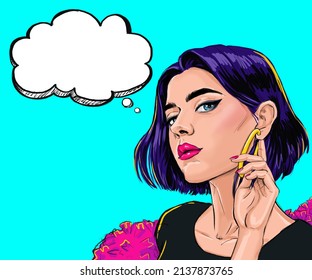 Surprised Young Fashion Comic Girl With Thought Bubble. Thinking Young Sexy Woman.  