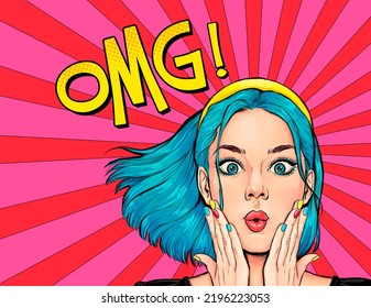 Surprised Young Sexy Woman  In Comic Style. Amazed Lady Saying OMG. Pop Art Girl With Shocked Face.  