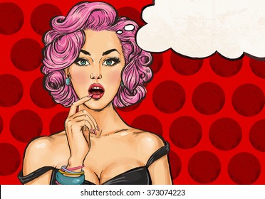 Surprised young sexy woman with open mouth. Advertising poster or party invitation with girl with wow face in comic style.