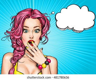 Surprised young sexy woman with open mouth. Advertising poster or party invitation with club girl with wow face in comic style.
