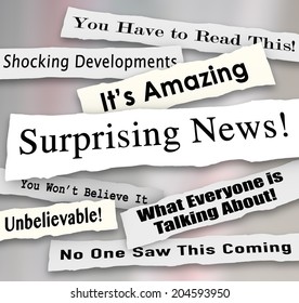 Surprising News Headlines Torn Or Ripped From Newspapers Reporting Shocking Gossip 