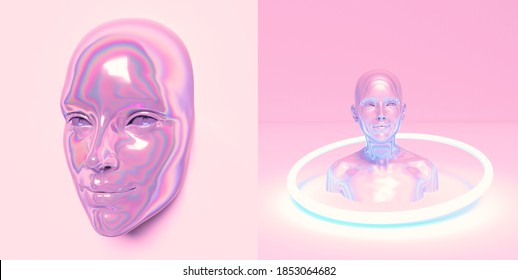 Surreal 3D illustration of the Artificial Human, Robotic Android made of Holographic glossy metallic material.
