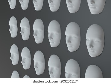 Surreal 3d Illustration Of Multiple Faces In A Wall. Concept Of AI And Swarm Intelligence.