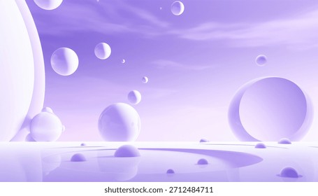 A surreal 3D render dominated by pastel purple and lavender tones. It features glossy spheres and orbs floating above a highly reflective surface, creating a dreamlike, minimalist abstract landscape.