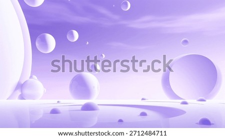 A surreal 3D render dominated by pastel purple and lavender tones. It features glossy spheres and orbs floating above a highly reflective surface, creating a dreamlike, minimalist abstract landscape.