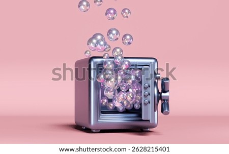 Surreal 3D render of metallic safe with glowing bubbles. Fragility of risky investments, financial bubbles, illusions of wealth. Speculative markets or failed investments concept. 3D render