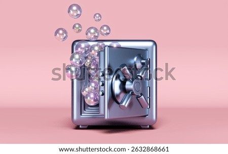 Surreal 3D render of metallic safe with glowing bubbles. Fragility of risky investments, financial bubbles, illusions of wealth. Speculative markets or failed investments concept. 3D render