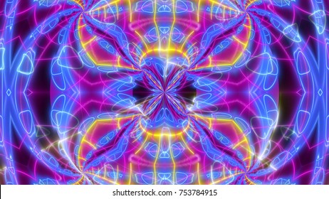A surreal 3d rendering of butterfly looking psychedelic backdrop with a lot of colorful and curvy lines sparkling in the light blue background.  The black eyes of an insect look trancelike.