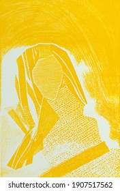 Surreal Abstract Face In Yellow, Printmaking Technique Collograph 