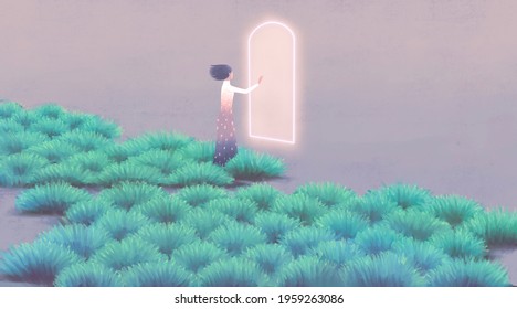Surreal art, Choice hope dream way and happiness concept art, conceptual illustration, imagination painting, woman alone with magic doors in fantasy landscape