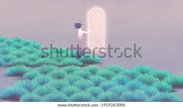 Surreal art, Choice hope dream way and\
happiness concept art, conceptual illustration, imagination\
painting, woman alone with magic doors in fantasy\
landscape