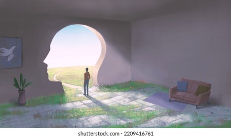Surreal art. Concept idea of way, change, mind, life, spiritual, dream, solution, freedom and hope. Conceptual 3d illustration. painting artwork of lonely man and human head door.