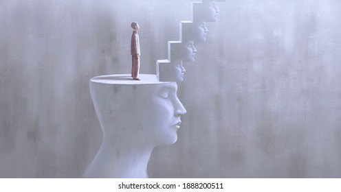 Surreal art of dream success and hope concept , imagination artwork, ambition idea painting 3d illustration, man with stairs on giant human head sculpture	
