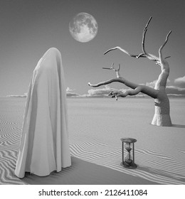 Surreal Art. Figure In White Cloak Stands In The Desert. 3D Rendering