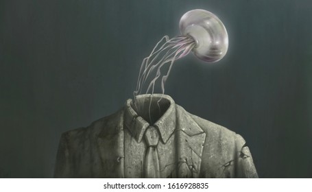 Surreal Art, Jelly Fish Floating Out Of Broken Businessman Sculpture, Conceptual Illustration