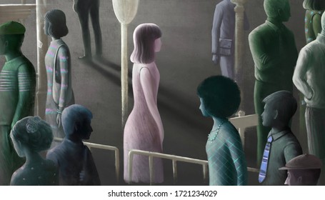 Surreal Artwork. Alone Loneliness Depression And Sad Concept. Lonely Young Woman With A Crowd In The City