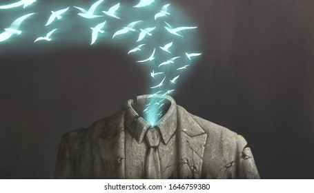 Surreal Artwork, Freedom Concept, Group Of Bird Flying Out Of Businessman Sculpture, Imagination, Success