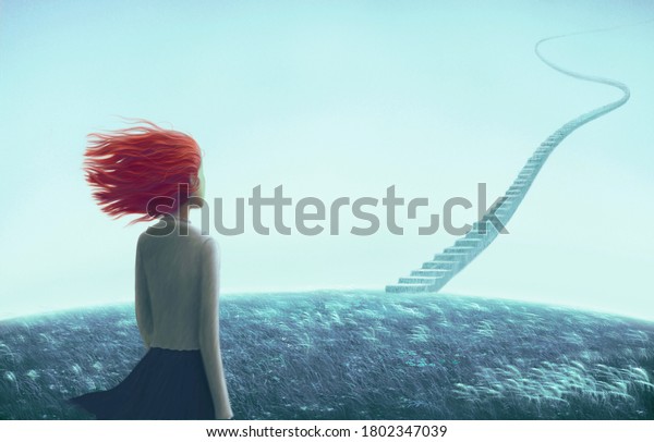 Surreal artwork ,Hope success ambition\
dream and freedom concept, young woman alone with magic stair in\
grass field, painting illustration, imagination\
art