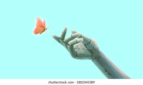 Surreal artwork of Life freedom technology science and hope concept idea , Robot hand with butterfly, imagination painting, futuristic art, dreamlike illustration	