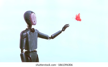 Surreal Artwork Of Life Freedom Technology Science And Hope Concept Idea , Robot With Red Butterfly, Imagination Painting, Futuristic Art, 3d Illustration