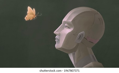 Surreal artwork of Life freedom technology science and hope concept idea , Robot hand with butterfly, imagination painting, futuristic art, dreamlike illustration