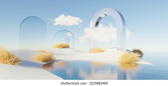 Surreal Beautiful Dream land background  Abstract Dune in winter season landscape and geometric arch  Fantasy island scenery and water   natural cloudy sky  Metallic mirror arch  3d render 