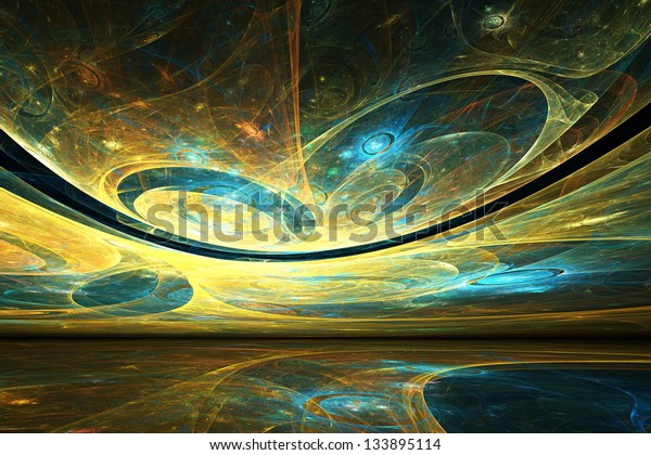 Surreal blue and yellow fractal landscape composed of luminous globes and spiraling shapes.