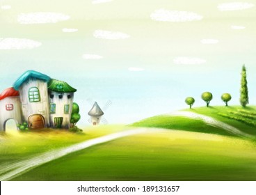 Surreal Cartoon Wonderland Country Village, Romantic Fairy Tale Landscape. Illustration.