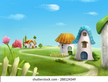 Surreal Cartoon Wonderland Country Village, Romantic Fairy Tale Landscape. Illustration.