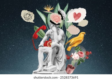Surreal collage, classical statue thinking, mental health conceptual collage illustration. Vintage statue surreal collage illustration, mental health. Vintage collage illustration of thinking statue