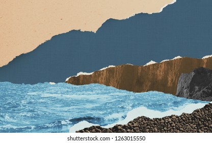 Surreal Collage Composition Made Of Torn Pieces Of Vintage Paper. Seascape With Blue Colored Fragment Of Water, Mountain And Gravel In Front. Cut Out Fragments Made Of Linen, Craft Paper, Carton.